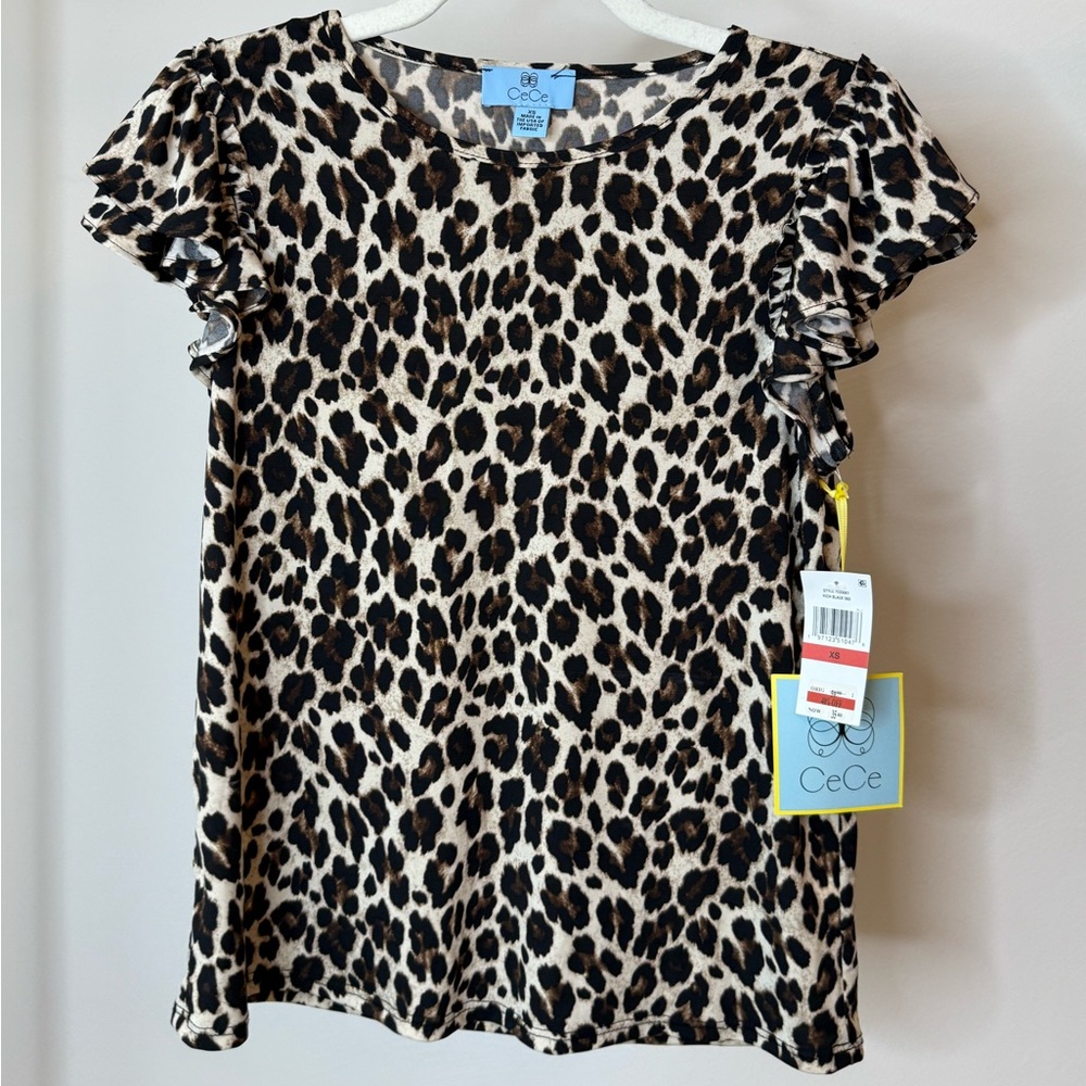 CeCe Leopard Print Ruffle Sleeve Blouse - Black & Tan